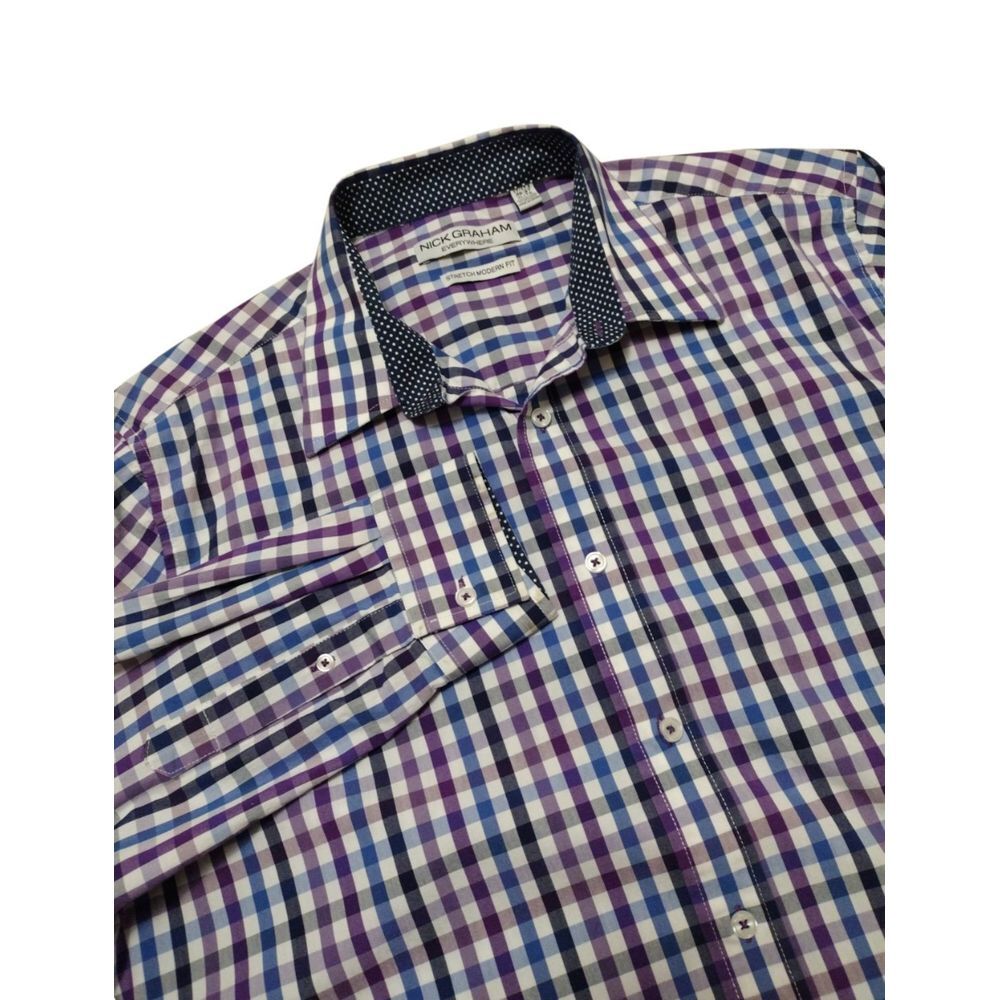 Nick Graham Everywhere Button Up Shirt Men XL Purple Check Stretch Modern Fit